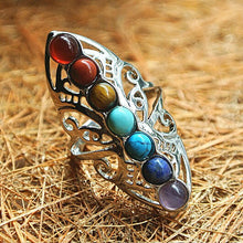 Vintage 7 Chakra Stones Yoga Ring Hollow Silver Plated Adjustable Thumb Ring Reiki Balance Meditation Healing Jewelry