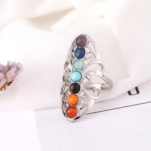 Vintage 7 Chakra Stones Yoga Ring Hollow Silver Plated Adjustable Thumb Ring Reiki Balance Meditation Healing Jewelry